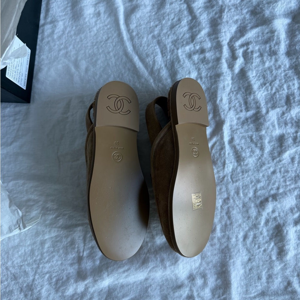 Chanel Tan Suede Loafers with Silver Logo - Picture 4 of 6